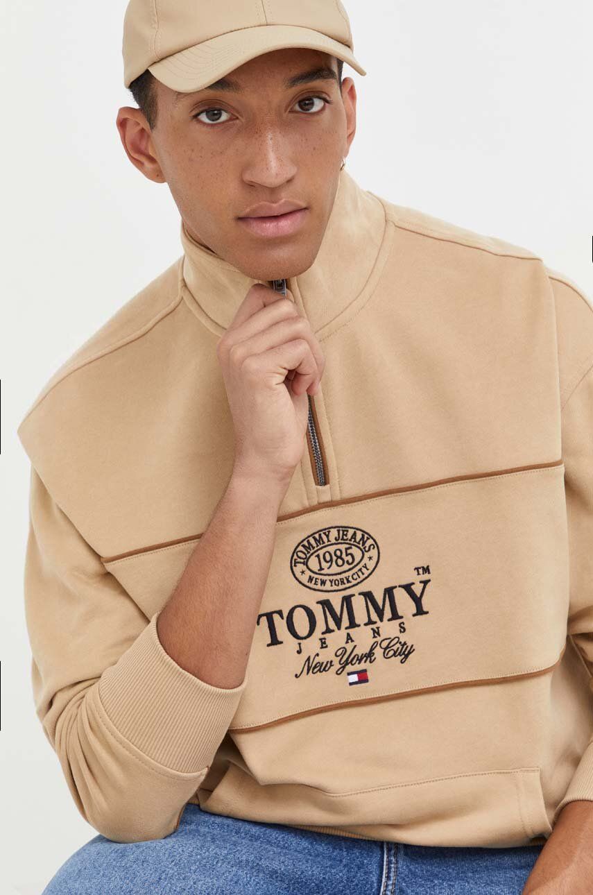 Levně Bavlněná mikina Tommy Jeans pánská, béžová barva, s aplikací