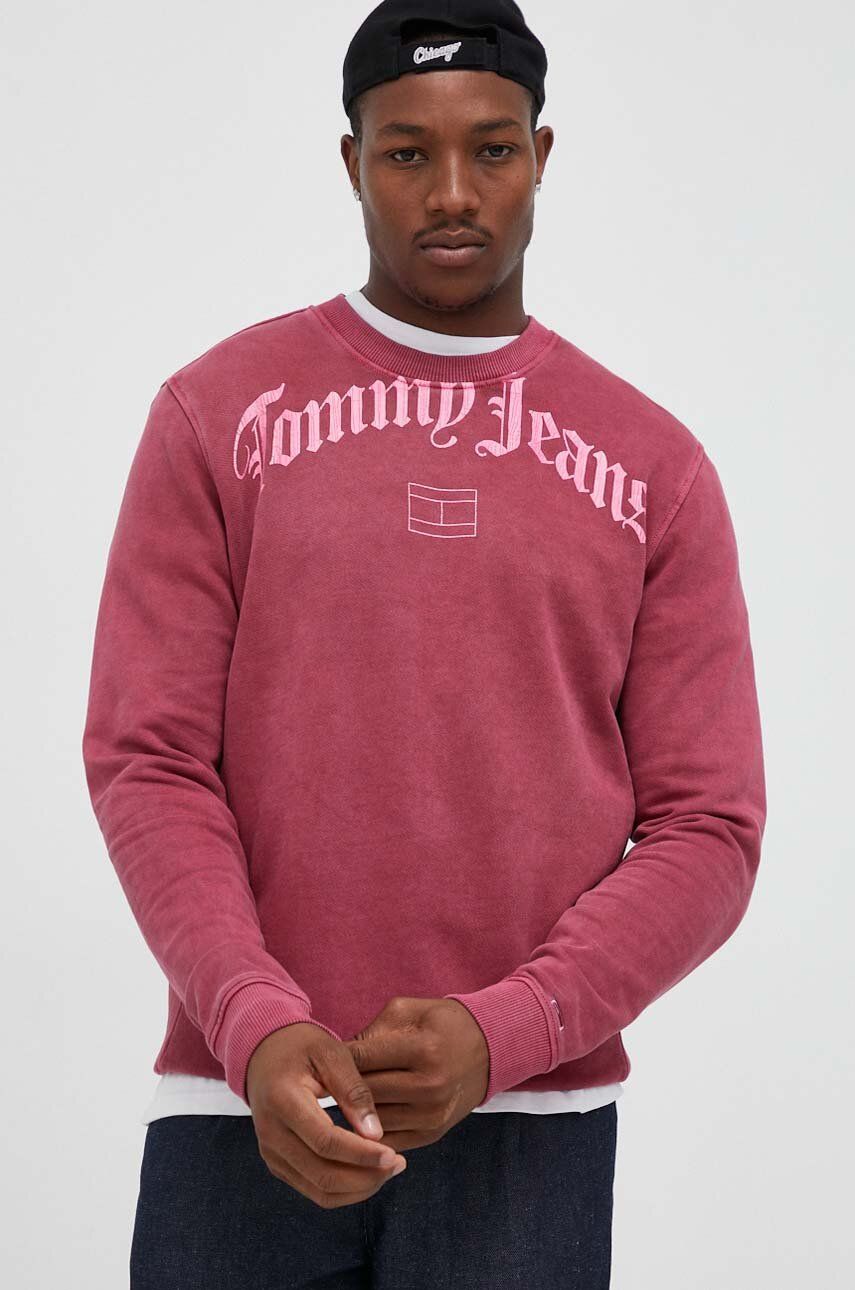 Tommy Jeans bluza barbati, culoarea roz, cu glugă, cu imprimeu