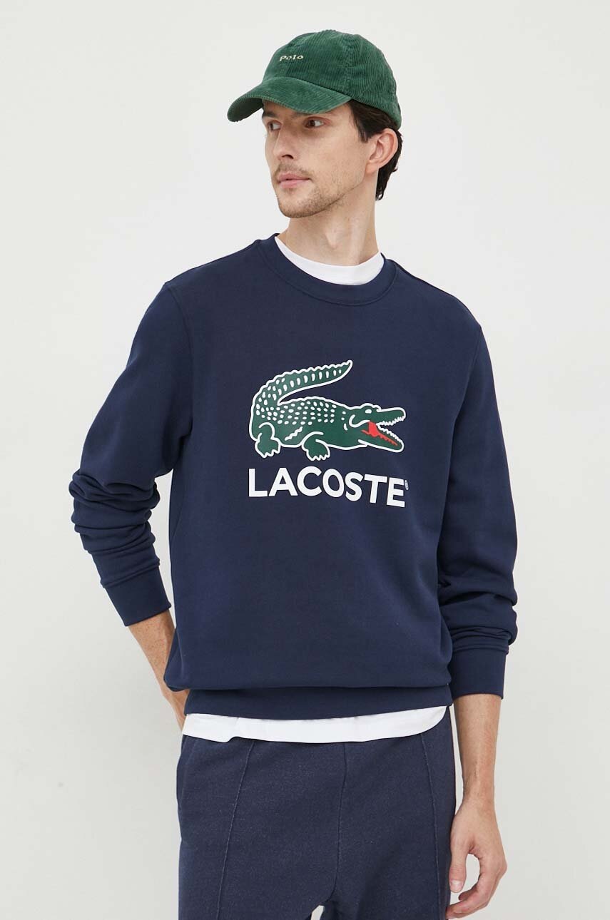 Lacoste hanorac de bumbac barbati, culoarea albastru marin, cu imprimeu