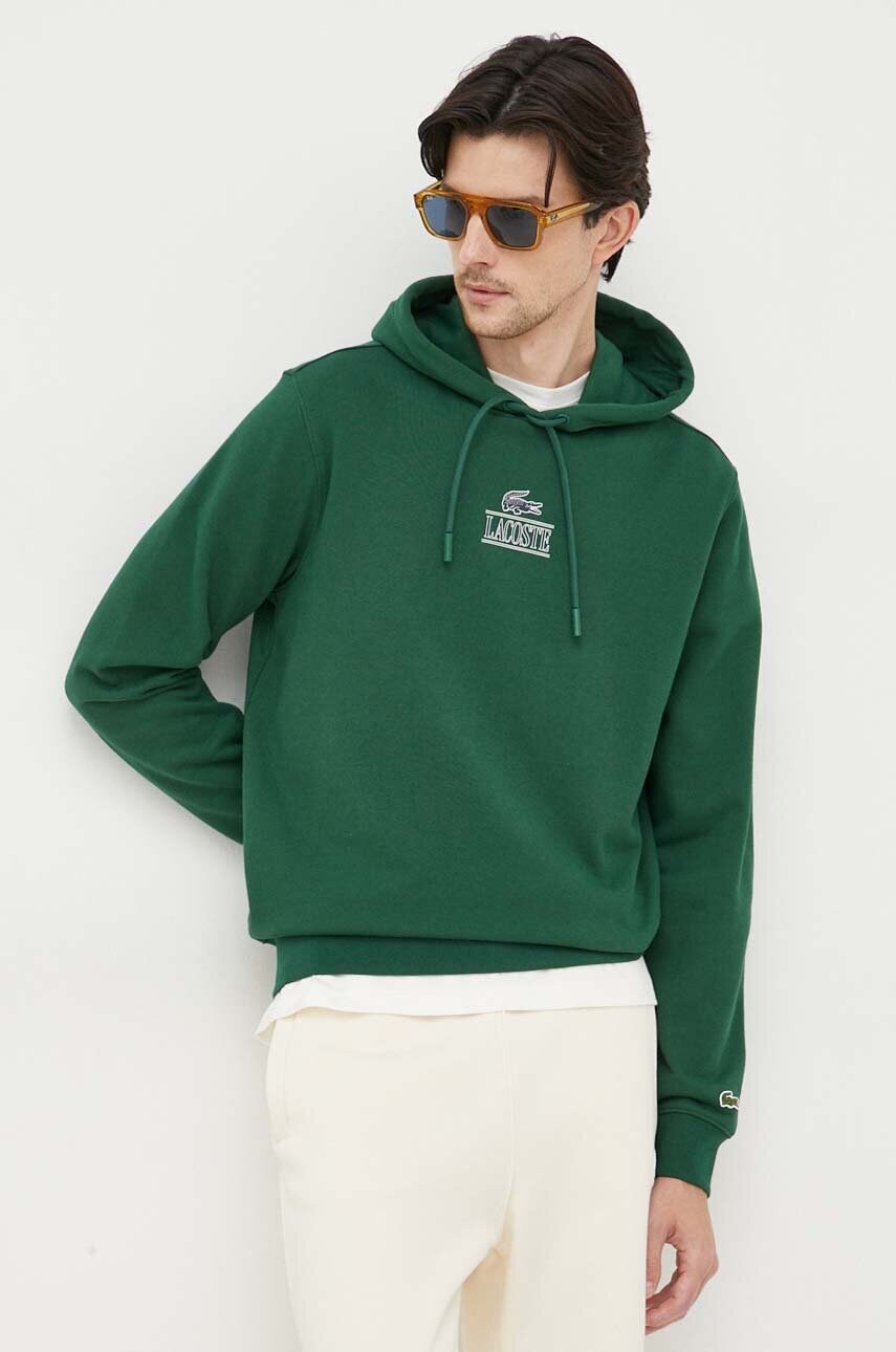 Lacoste hanorac de bumbac barbati, culoarea verde, cu glugă, cu imprimeu