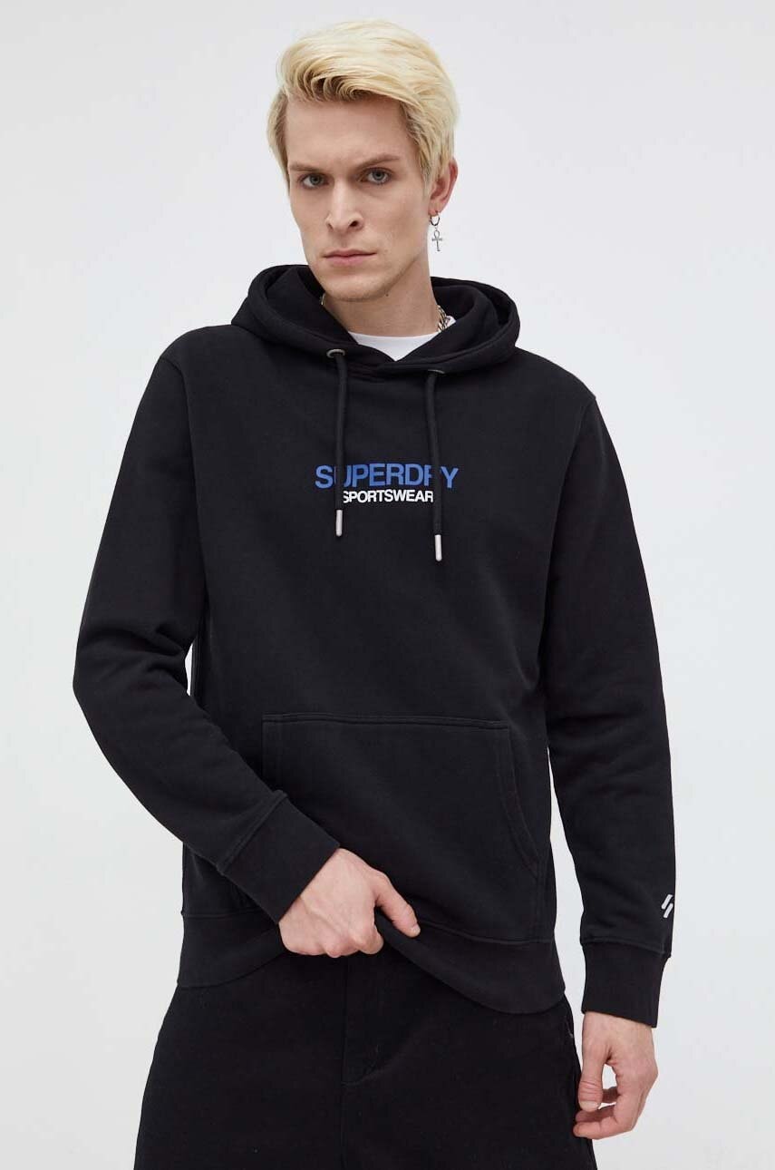 Levně Mikina Superdry pánská, černá barva, s kapucí, s potiskem