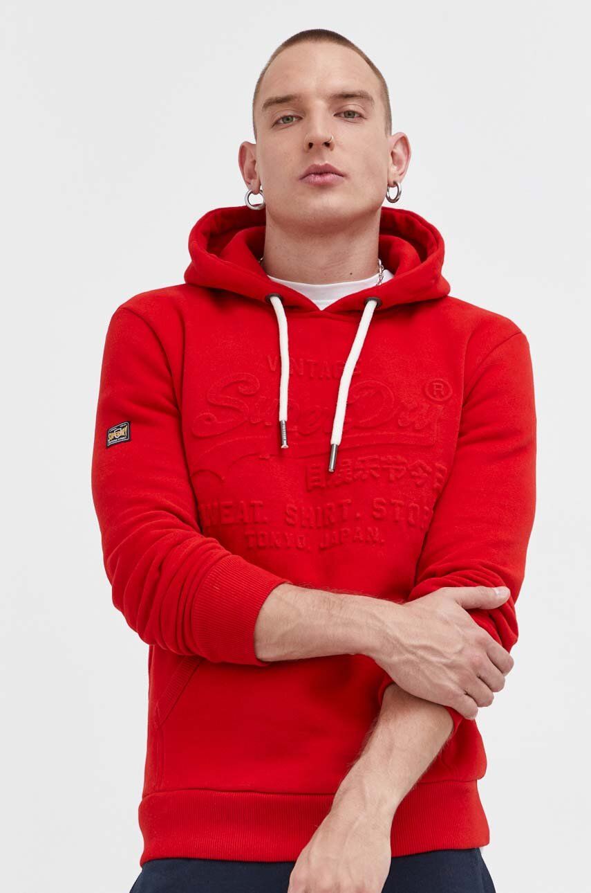 Mikina Superdry pánská, červená barva, s kapucí, s aplikací