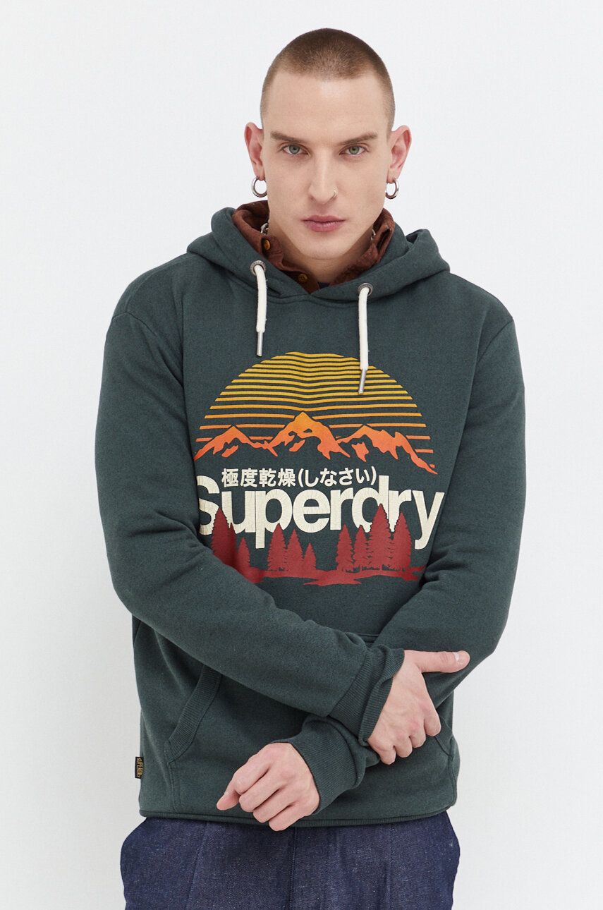 

Кофта Superdry мужская цвет зелёный с капюшоном с принтом