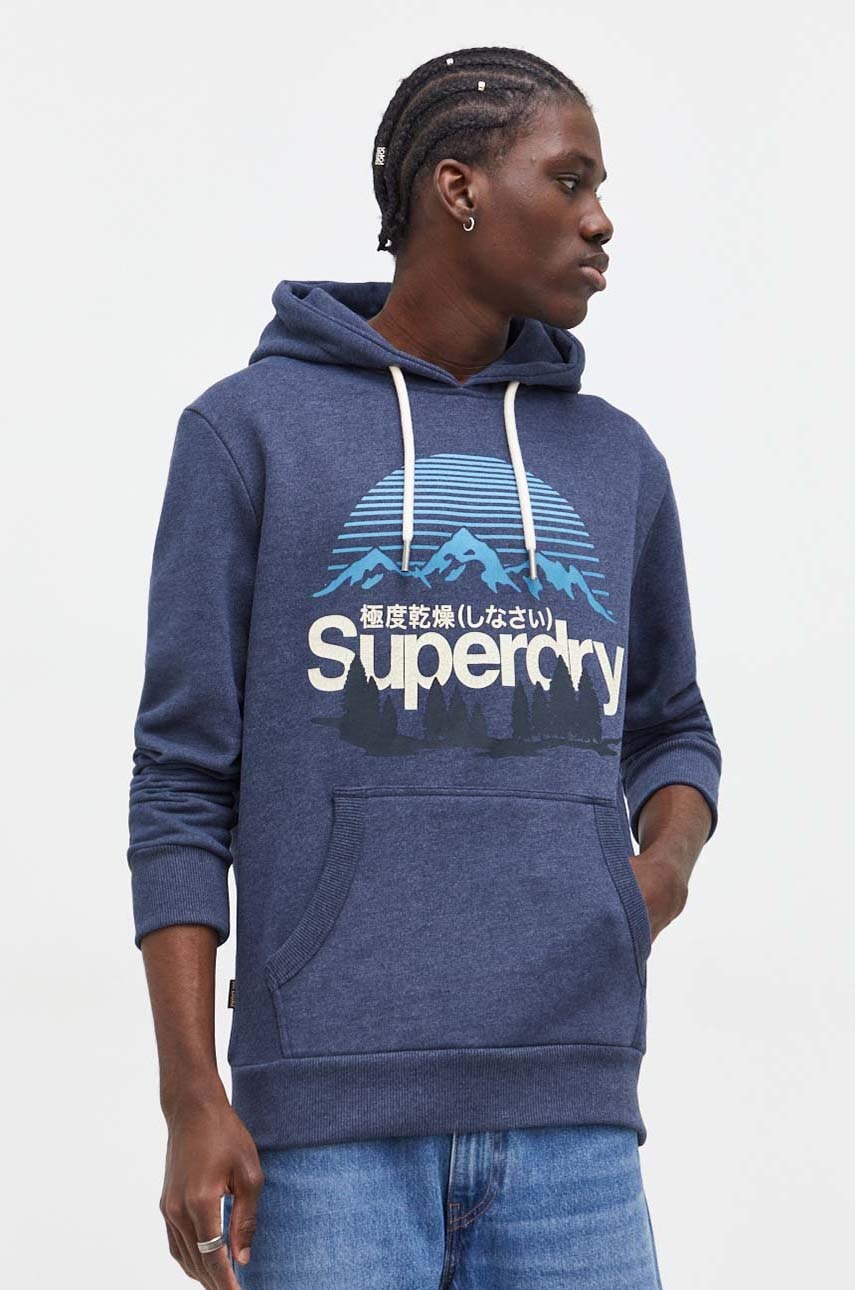 Levně Mikina Superdry pánská, tmavomodrá barva, s kapucí, s potiskem