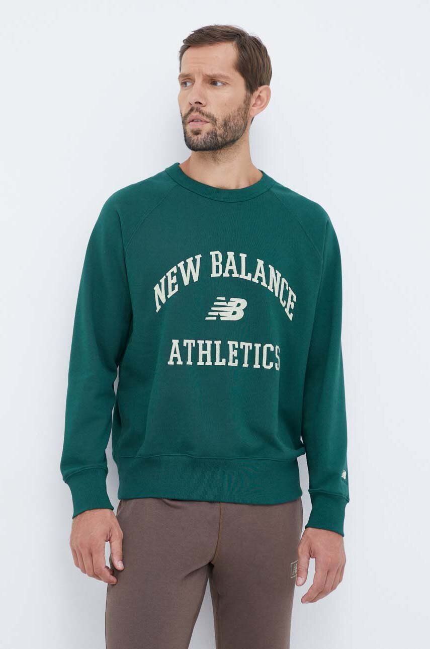 Levně Bavlněná mikina New Balance pánská, zelená barva, s aplikací
