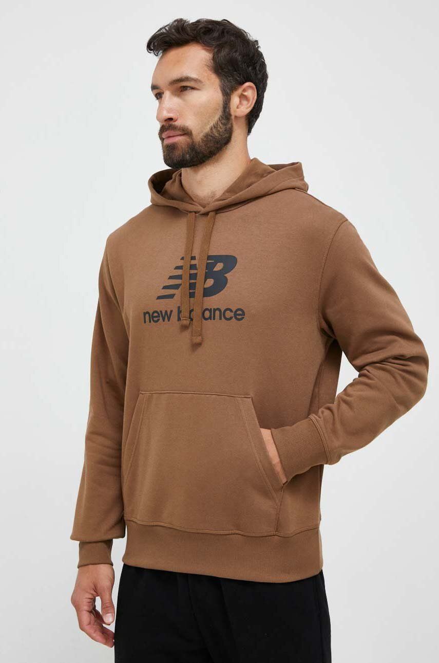 E-shop Mikina New Balance pánská, hnědá barva, s kapucí, s potiskem