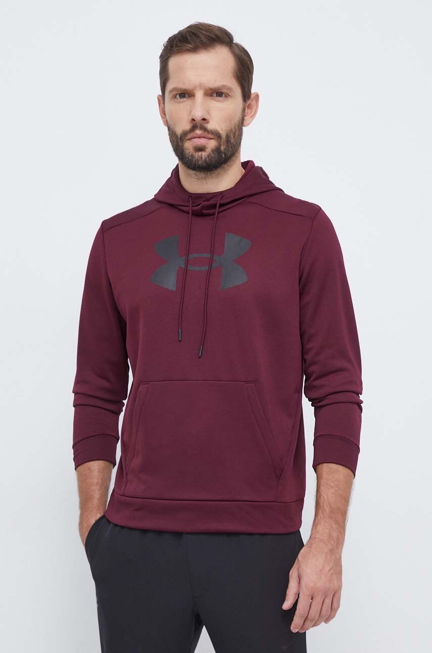 Under Armour hanorac de antrenament culoarea bordo, cu glugă, cu imprimeu