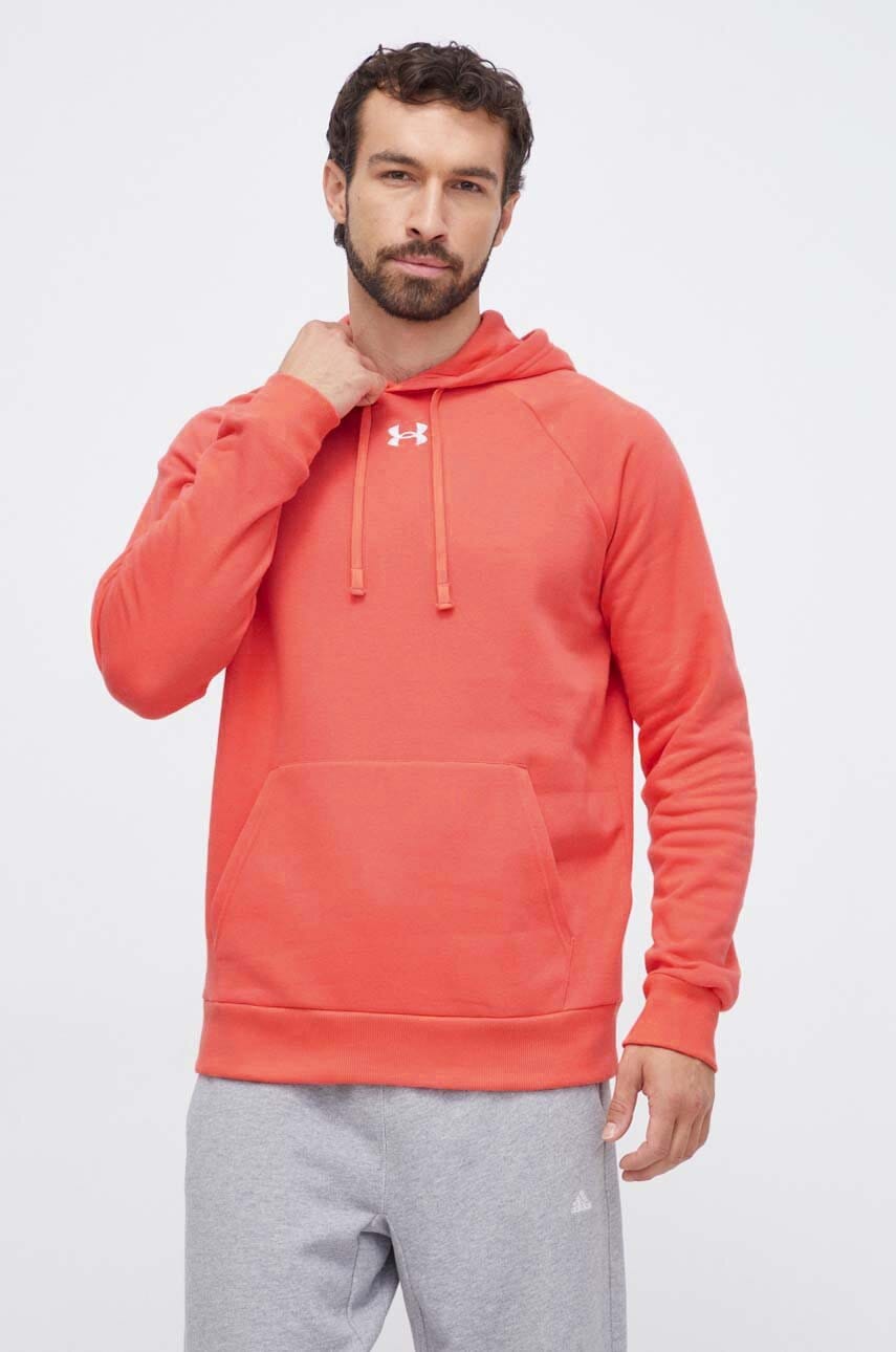 Under Armour bluza barbati, culoarea portocaliu, cu glugă, neted