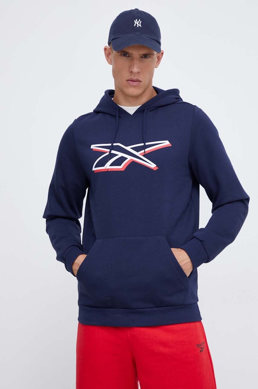 

Кофта Reebok чоловіча колір синій з капюшоном з принтом