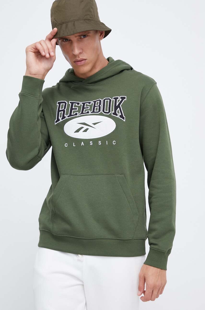 Levně Mikina Reebok Classic pánská, zelená barva, s kapucí, s aplikací