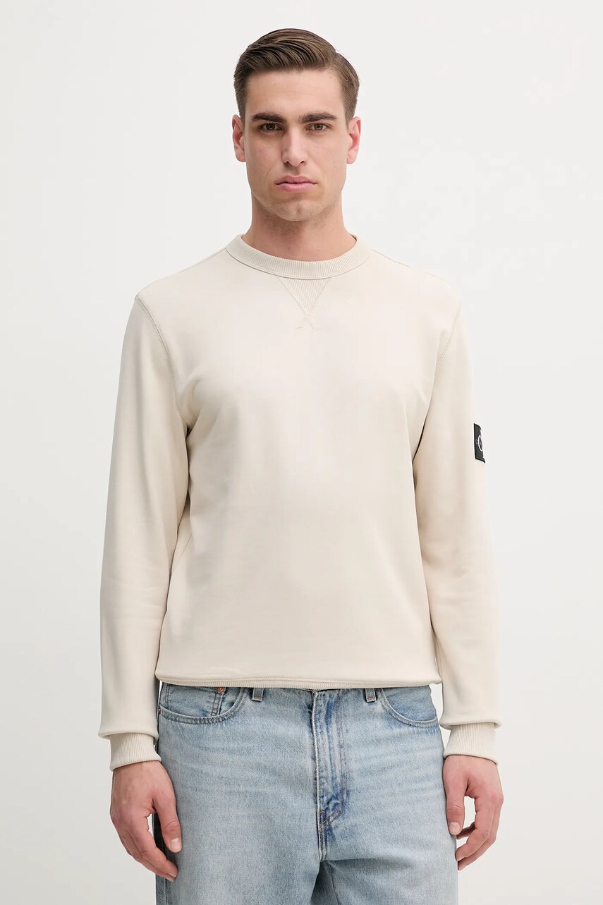Levně Bavlněná mikina Calvin Klein Jeans pánská, béžová barva, hladká, J30J323426