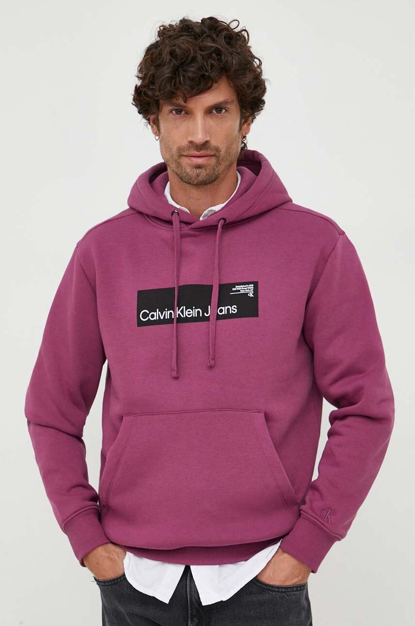 

Суичър Calvin Klein Jeans в лилаво с качулка с принт, Виолетов