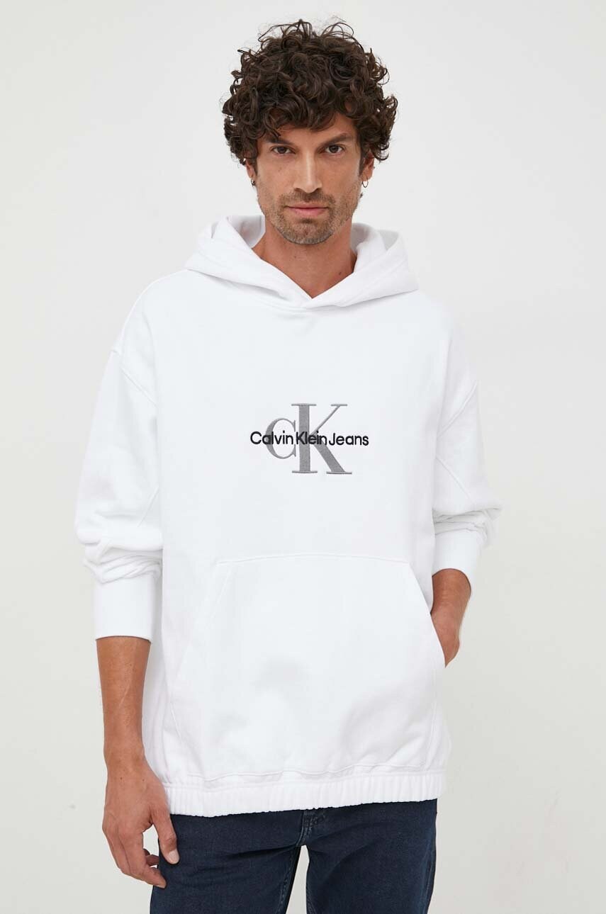 Levně Mikina Calvin Klein Jeans pánská, bílá barva, s kapucí, s aplikací