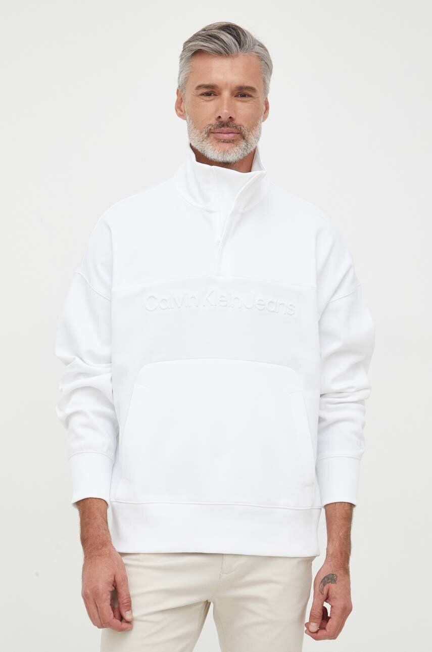 Mikina Calvin Klein Jeans pánská, bílá barva, hladká - bílá -  64 % Bavlna