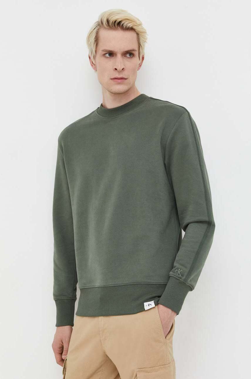 Bavlněná mikina Calvin Klein Jeans pánská, zelená barva, hladká - zelená - Hlavní materiál: 100 % Ba