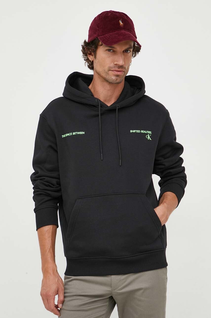 Levně Mikina Calvin Klein Jeans pánská, černá barva, s kapucí, s potiskem