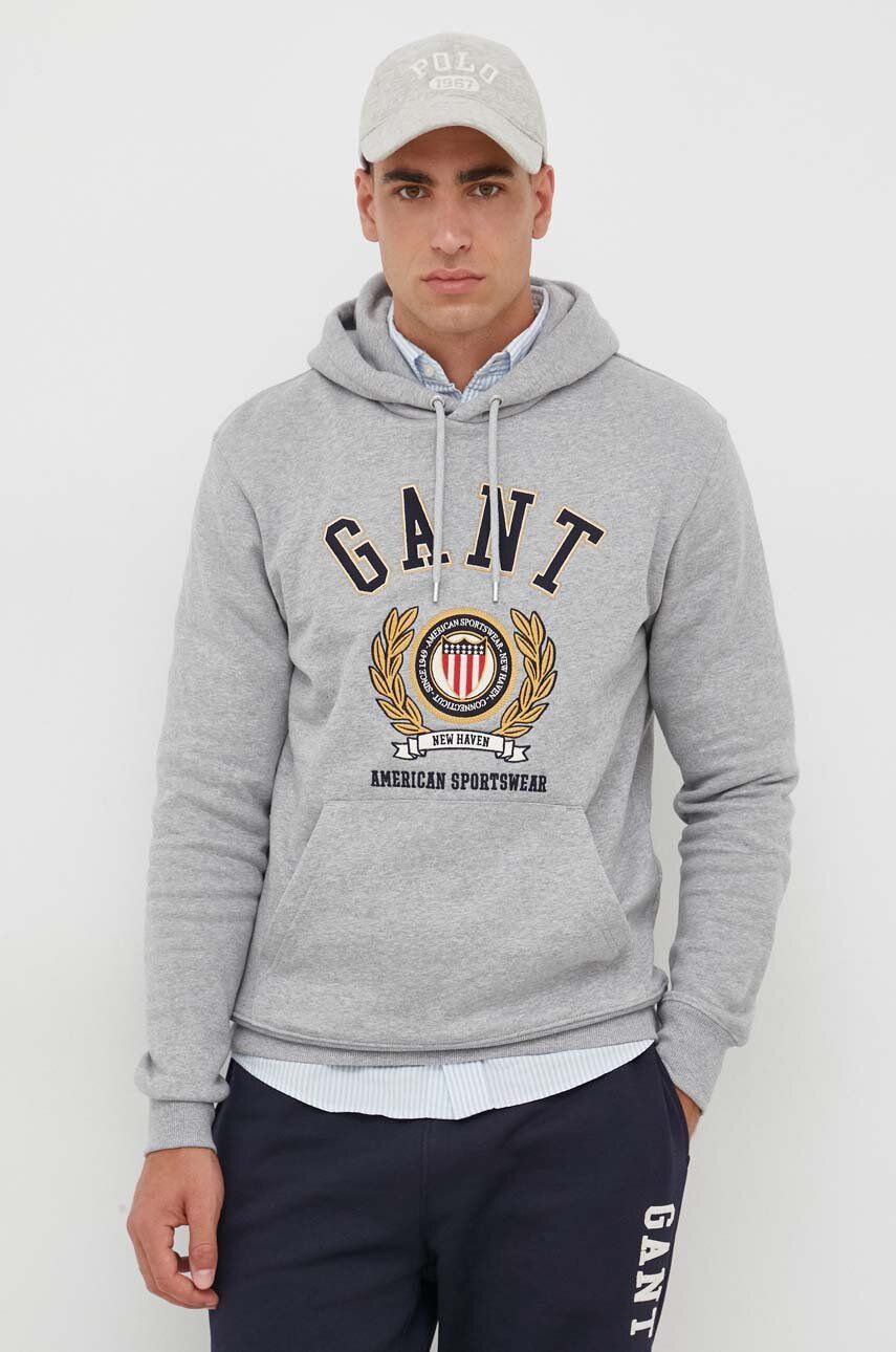 E-shop Bavlněná mikina Gant pánská, šedá barva, s kapucí, s aplikací