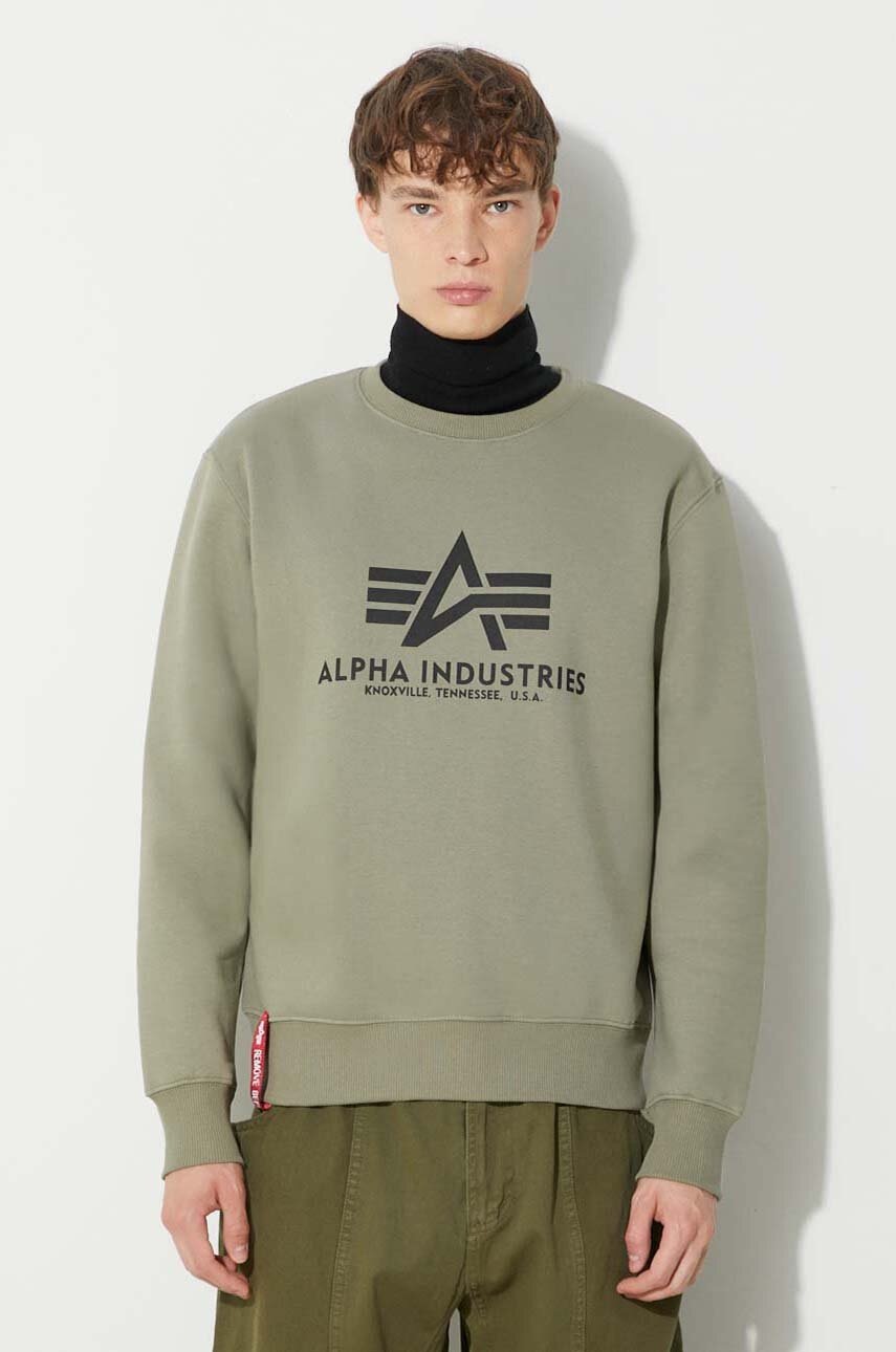 Alpha Industries bluză Basic Sweater bărbați, culoarea verde, cu imprimeu 178302.11