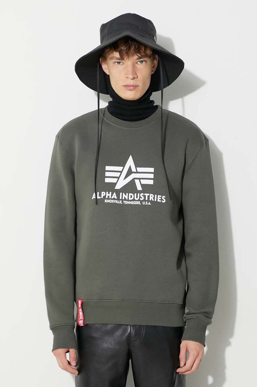 Alpha Industries bluză Basic Sweater bărbați, culoarea verde, cu imprimeu 178302.142