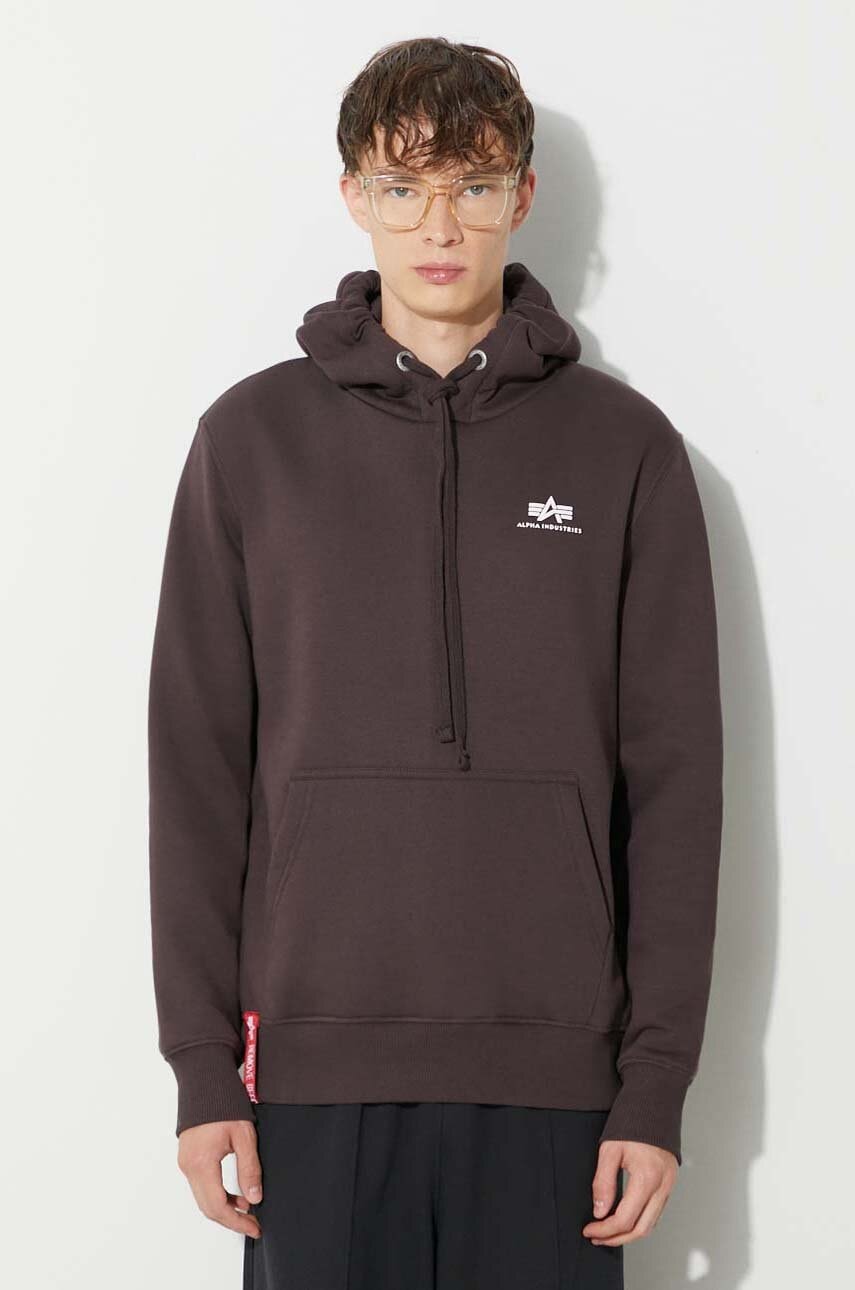 E-shop Mikina Alpha Industries Basic Hoody Small Logo pánská, hnědá barva, s kapucí, s potiskem, 196318.696