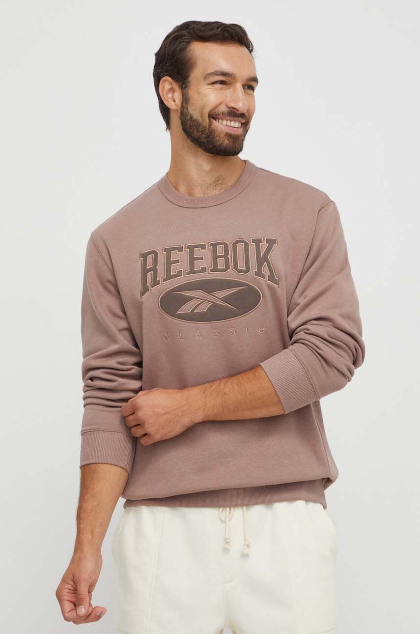 Reebok Classic bluza barbati, culoarea maro, cu imprimeu
