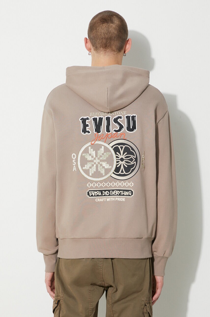 Evisu hanorac de bumbac Double Kamon EMB barbati, culoarea bej, cu gluga, cu imprimeu, 2EAHTM3SW1076RXCT
