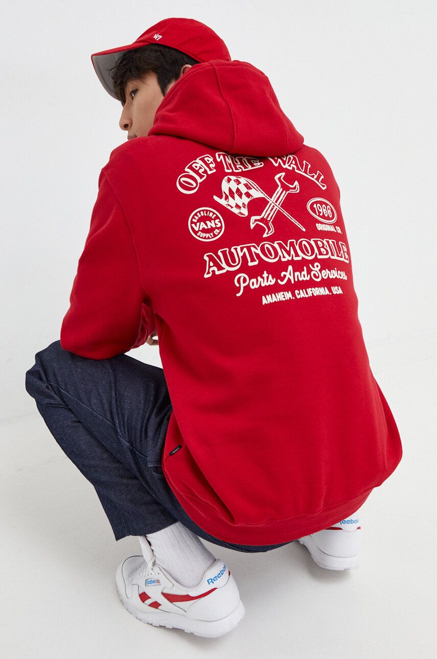 E-shop Bavlněná mikina Vans pánská, červená barva, s kapucí, s potiskem