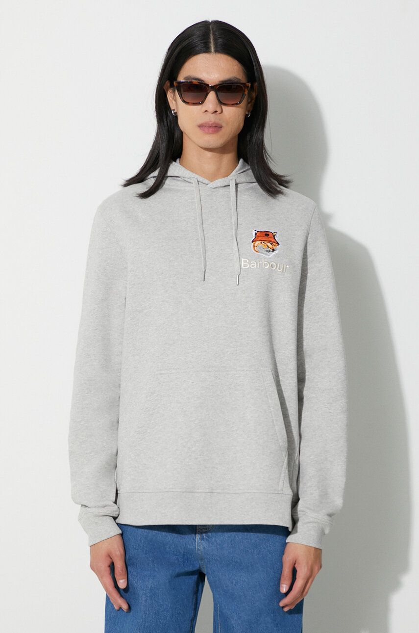 Barbour hanorac de bumbac X Maison Kitsune Fox Head Hoodie bărbați, culoarea gri, cu glugă, cu imprimeu, MOL0569