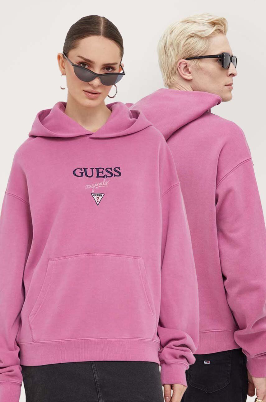 Levně Mikina Guess Originals fialová barva, s kapucí, s aplikací