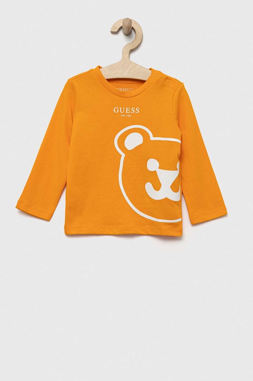 

Бебешка памучна блуза с дълъг ръкав Guess в оранжево с десен, Оранжев