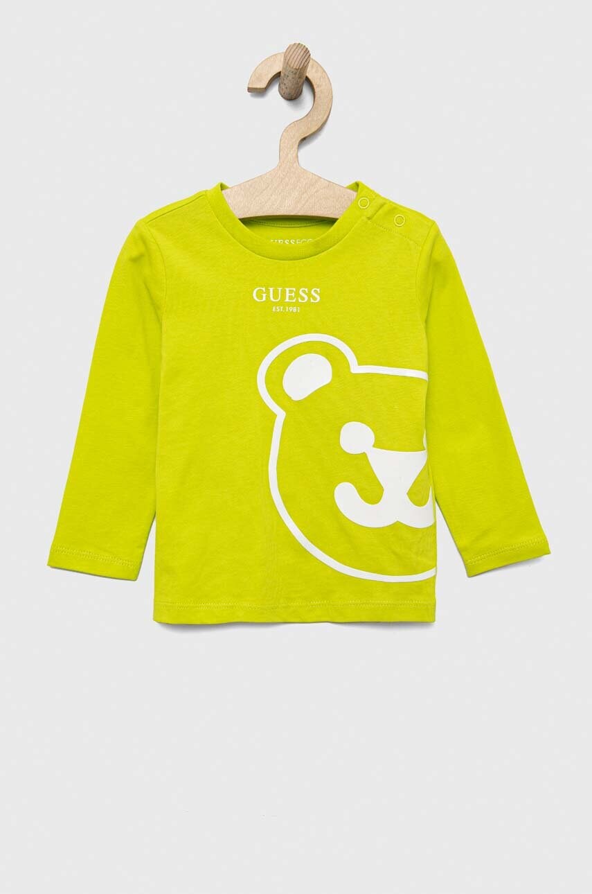 

Бебешка памучна блуза с дълъг ръкав Guess в зелено с десен, Зелен