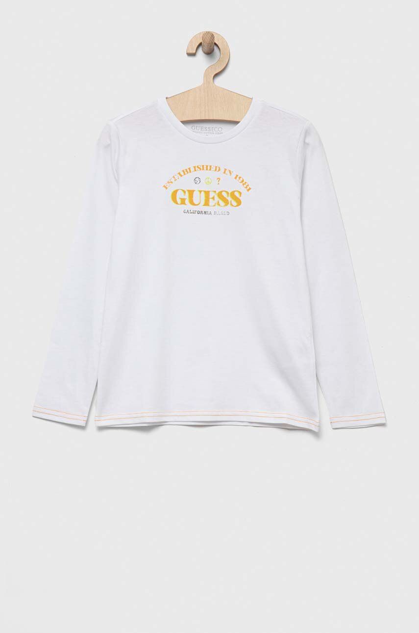 Dětská bavlněná košile s dlouhým rukávem Guess bílá barva, s potiskem - bílá -  100 % Bavlna