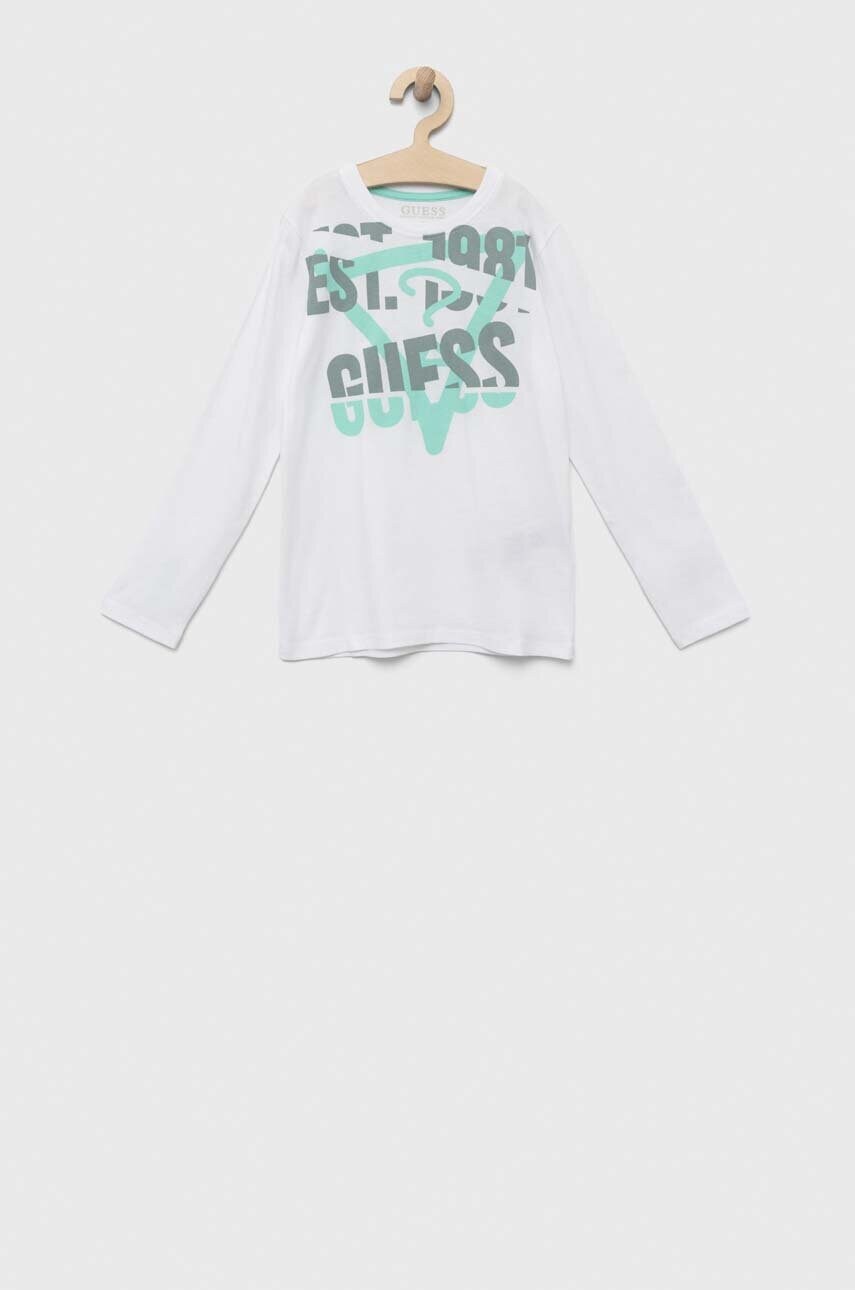

Дитячий бавовняний лонгслів Guess колір білий з принтом