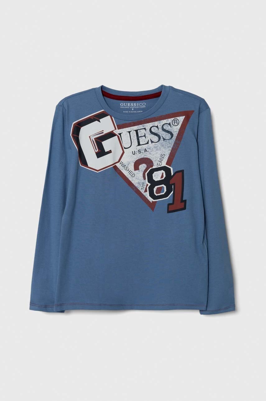 

Дитячий бавовняний лонгслів Guess з принтом