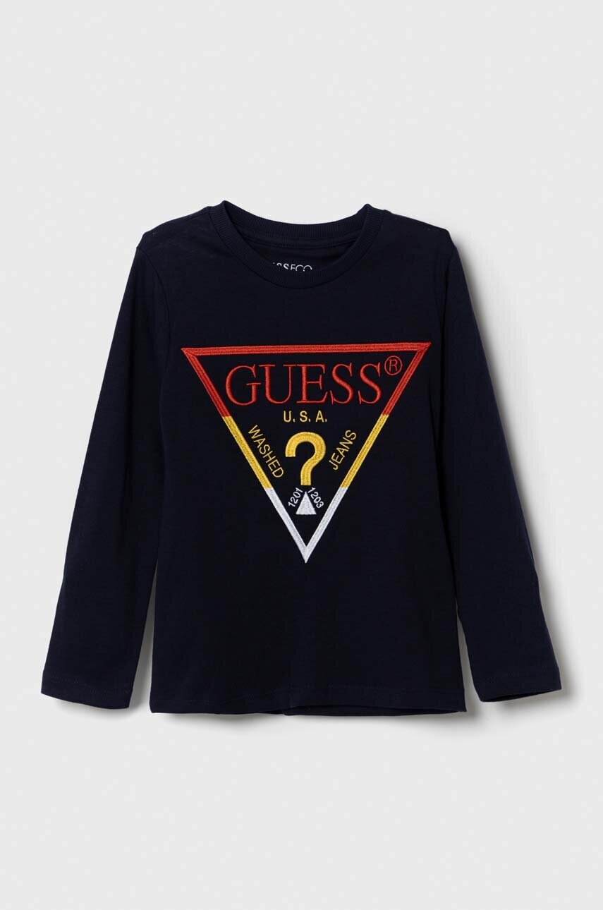 

Дитячий бавовняний лонгслів Guess колір синій з аплікацією