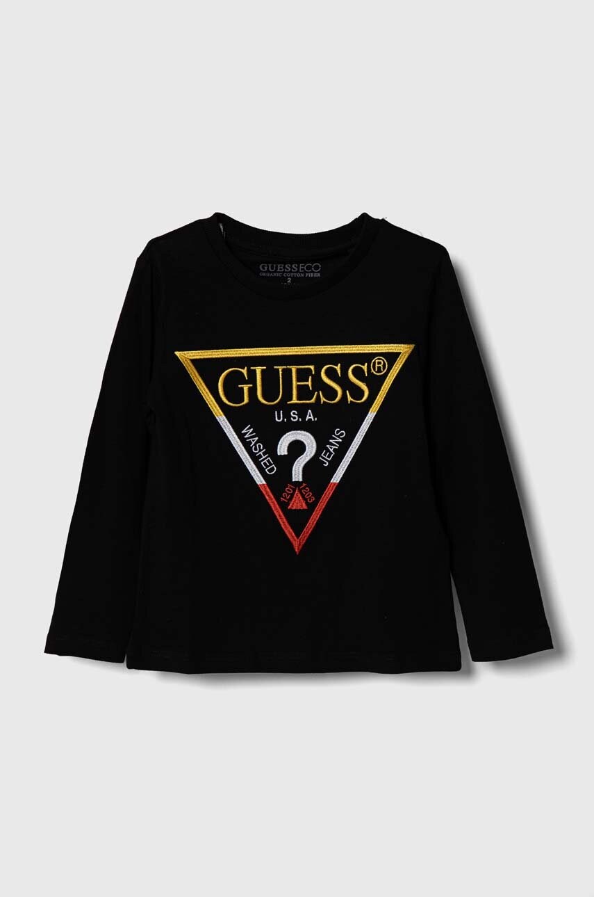 

Хлопковый детский лонгслив Guess цвет чёрный с аппликацией