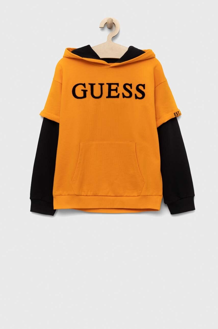 

Дитяча бавовняна кофта Guess колір помаранчевий з капюшоном візерунок