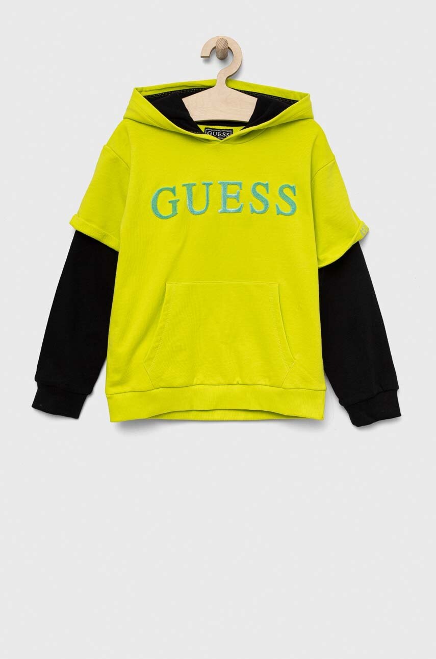 

Детски памучен суичър Guess в зелено с качулка с десен, Зелен