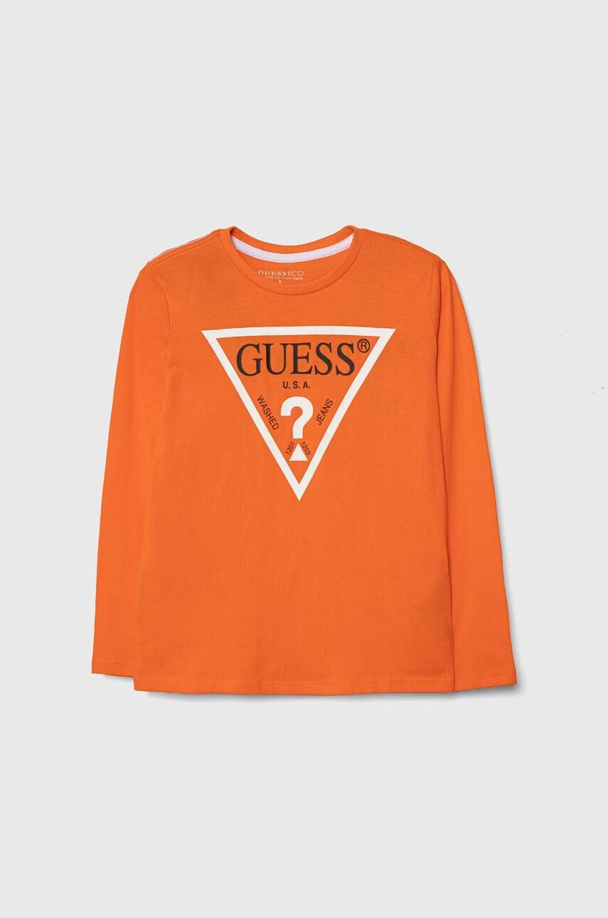 

Хлопковый детский лонгслив Guess цвет оранжевый с принтом