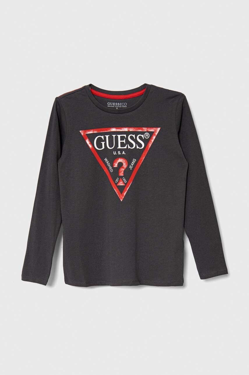 

Детска блуза с дълги ръкави Guess в сиво с принт, Сив