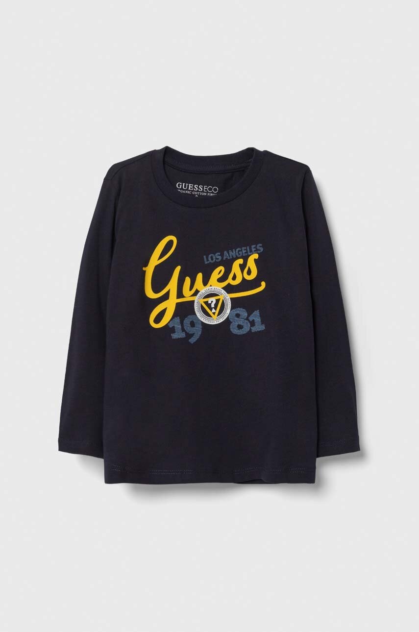 

Дитячий бавовняний лонгслів Guess колір синій з принтом
