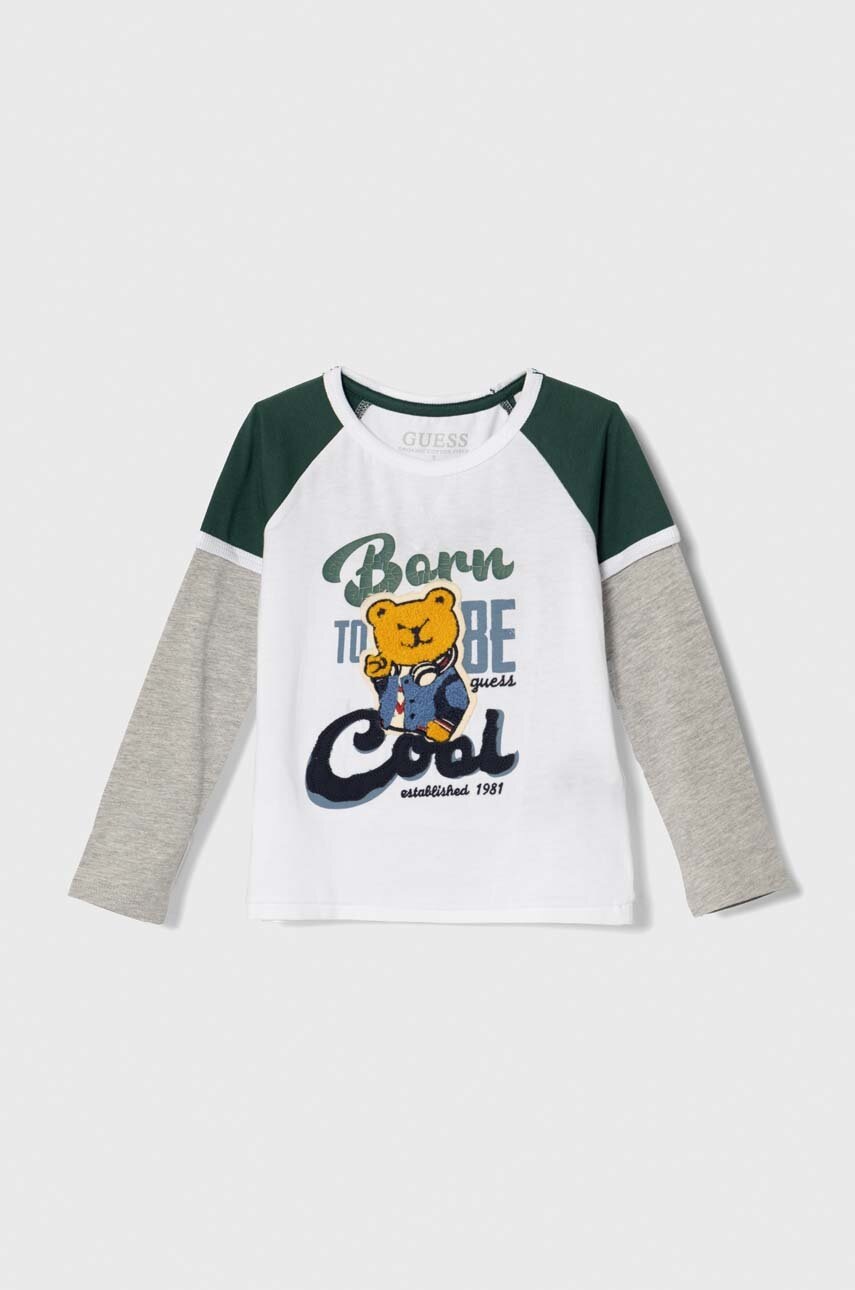 Хлопковый детский лонгслив Guess цвет белый узорный Хлопковый детский лонгслив Guess цвет белый узорный