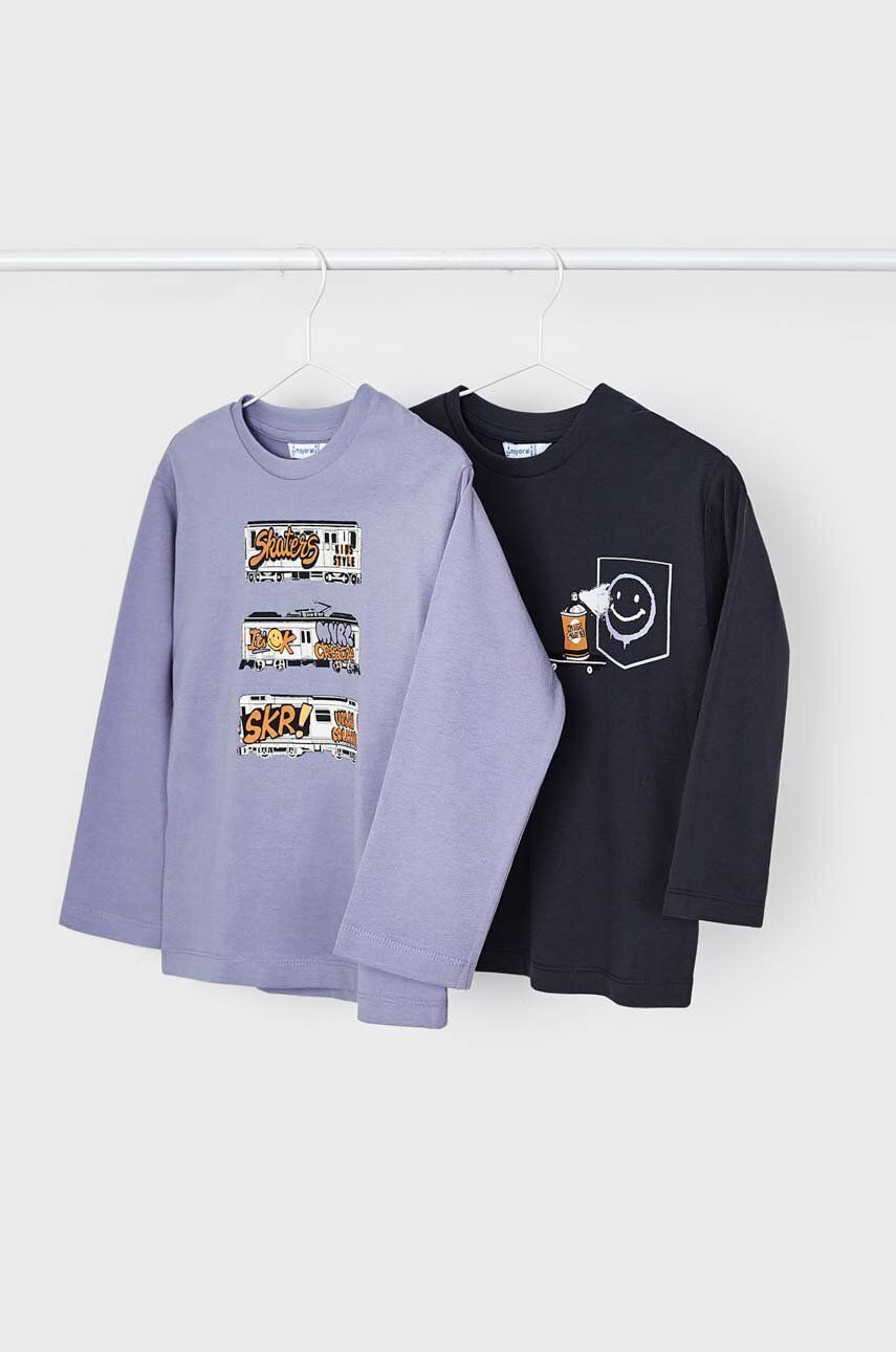 Levně Dětské bavlněné tričko s dlouhým rukávem Mayoral 2-pack fialová barva, s potiskem