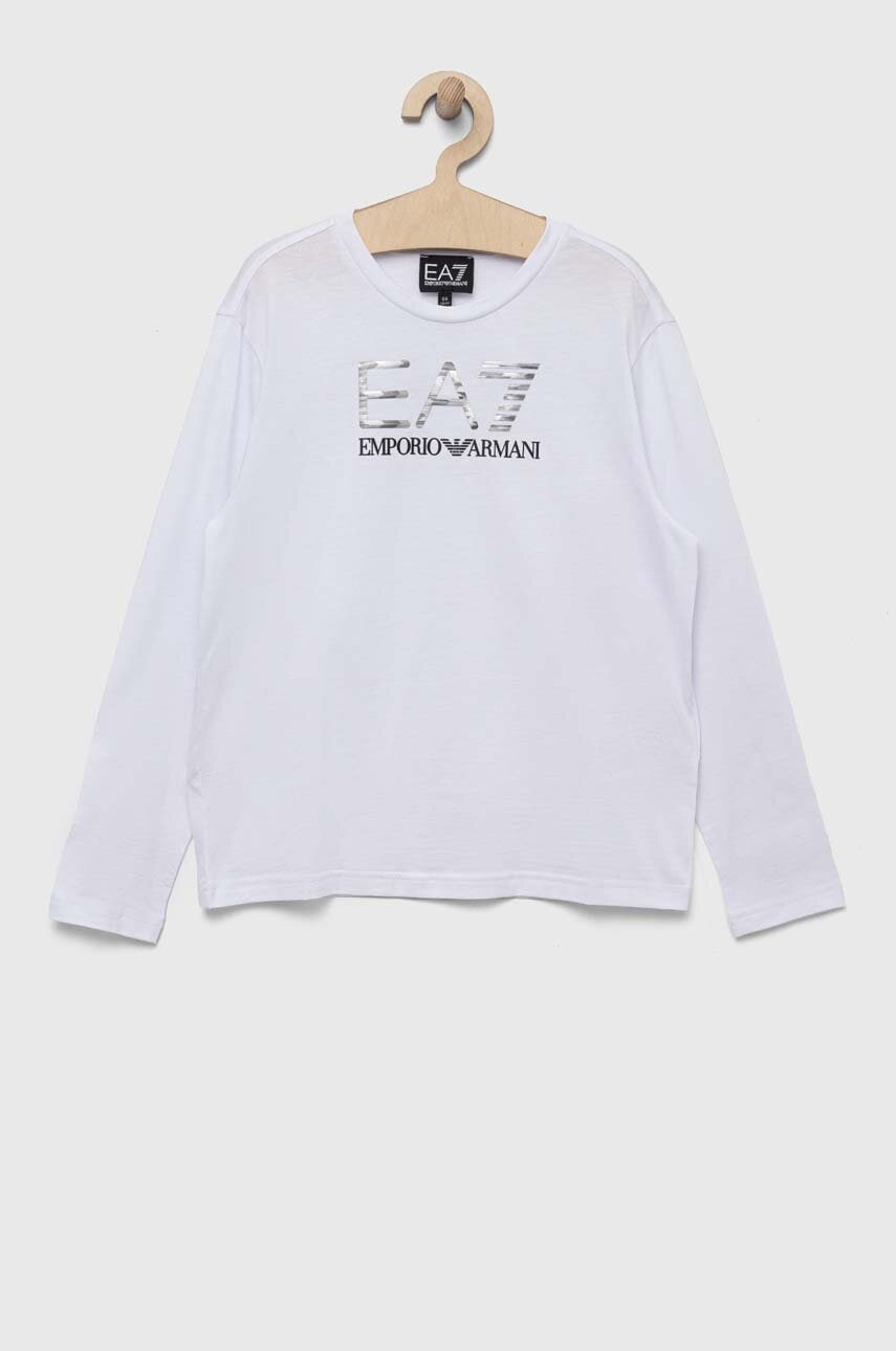 EA7 Emporio Armani longsleeve din bumbac pentru copii culoarea alb, cu imprimeu