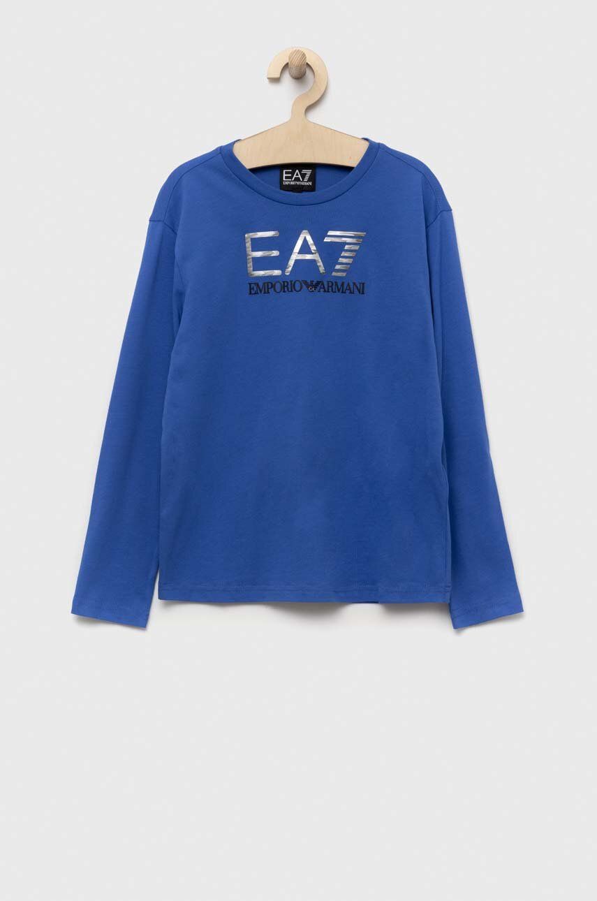 Dětská bavlněná košile s dlouhým rukávem EA7 Emporio Armani s potiskem - modrá -  100 % Bavlna