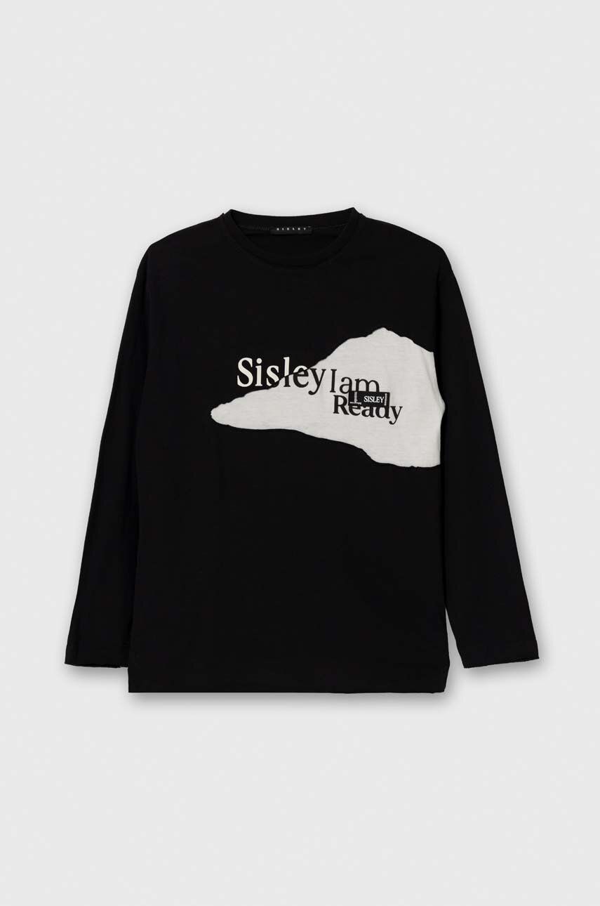 Levně Dětské bavlněné tričko s dlouhým rukávem Sisley černá barva, s potiskem
