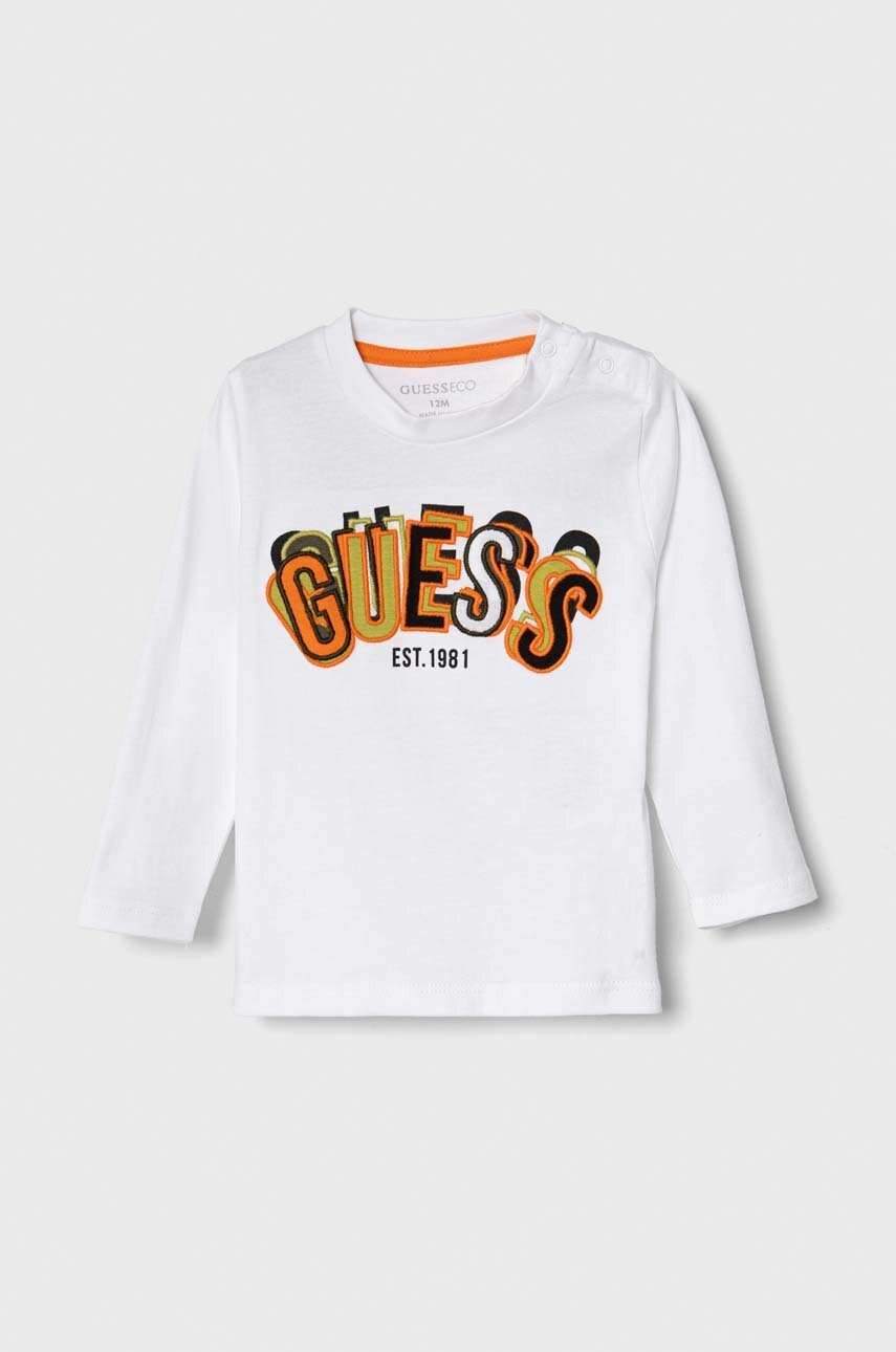 

Хлопковый лонгслив для младенцев Guess цвет белый с аппликацией