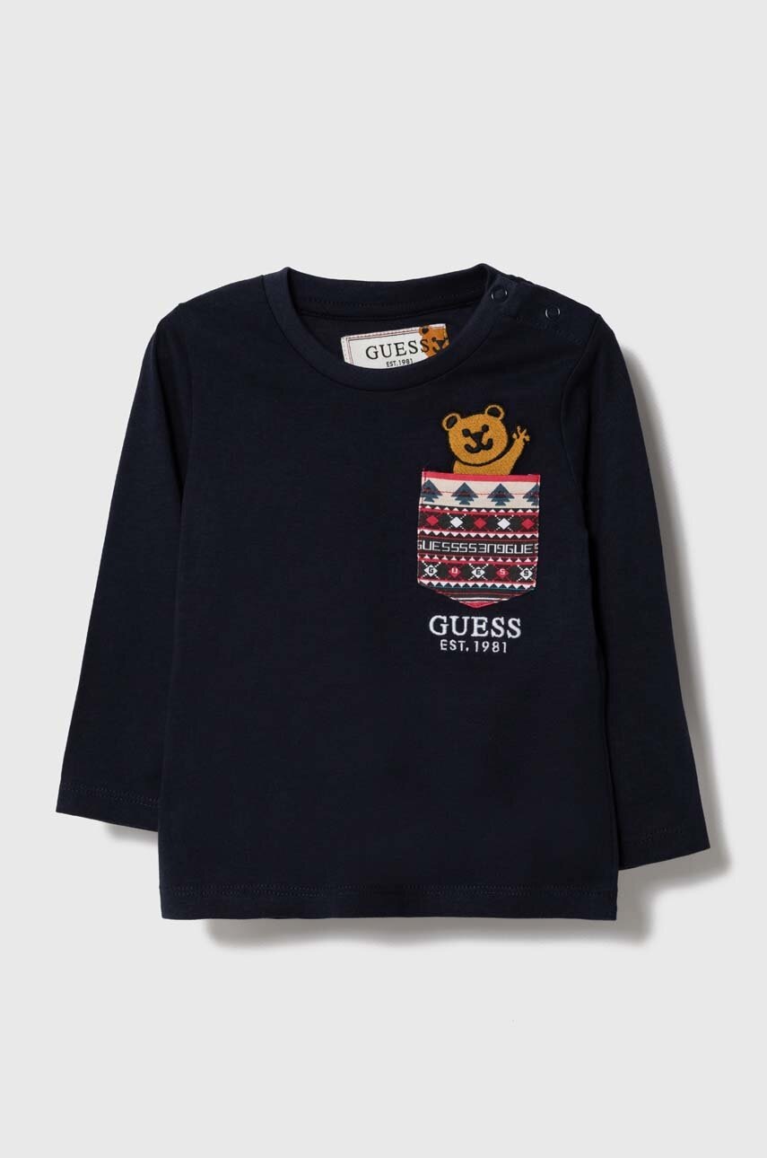 

Бавовняний лонгслів для немовлят Guess колір синій з принтом