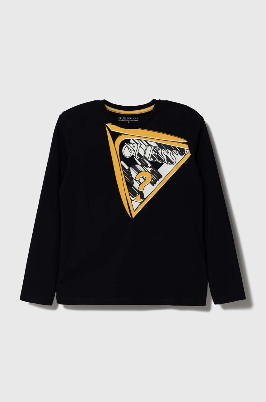 

Хлопковый детский лонгслив Guess цвет синий с принтом