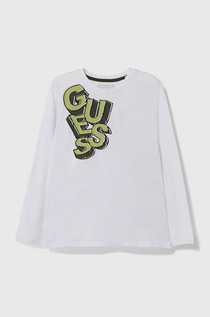 

Хлопковый детский лонгслив Guess цвет белый с принтом